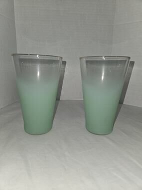 Vintage Blendo Frosted Mint Green Tumblers Gold Rim Glass Set of 2